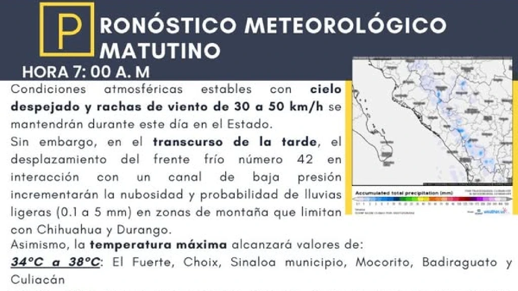 Sinaloa: Viernes Estable con Giro Climático; Frente Frío 42 Trae Lluvias Ligeras a Montañas el 27 de Marzo