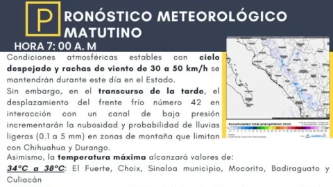 Sinaloa: Viernes Estable con Giro Climático; Frente Frío 42 Trae Lluvias Ligeras a Montañas el 27 de Marzo