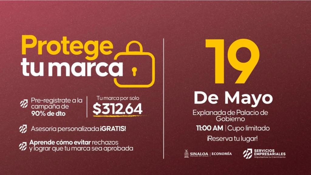 Gobierno de Sinaloa invita a aprovechar el 90% de descuento en el Registro de Marca