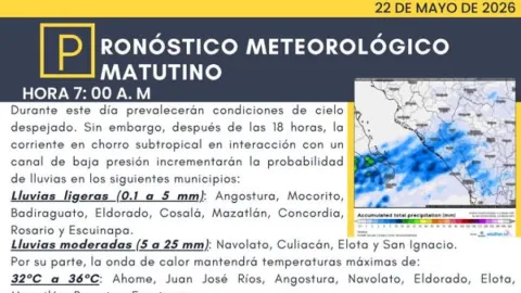 Sinaloa Enfrenta Intenso Calor de hasta 45°C y Anticipa Lluvias Vespertinas este 22 de Mayo