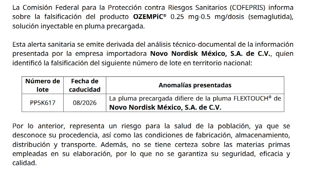 ¡Alerta! Cofepris Advierte sobre Lote Falsificado de Ozempic en México: Riesgos para Tu Salud y Cómo Identificarlo