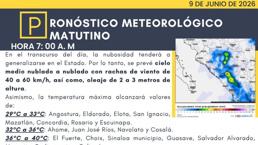 Sinaloa en Alerta: Calor de hasta 45°C, Lluvias y Oleaje de 3 Metros este Martes 9 de Junio
