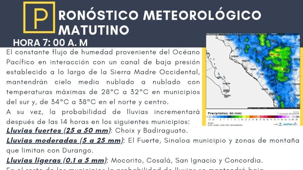 ¡Alerta en Sinaloa! SMN Pronostica Lluvias Muy Fuertes de Hasta 75 mm y Calor Intenso este Fin de Semana