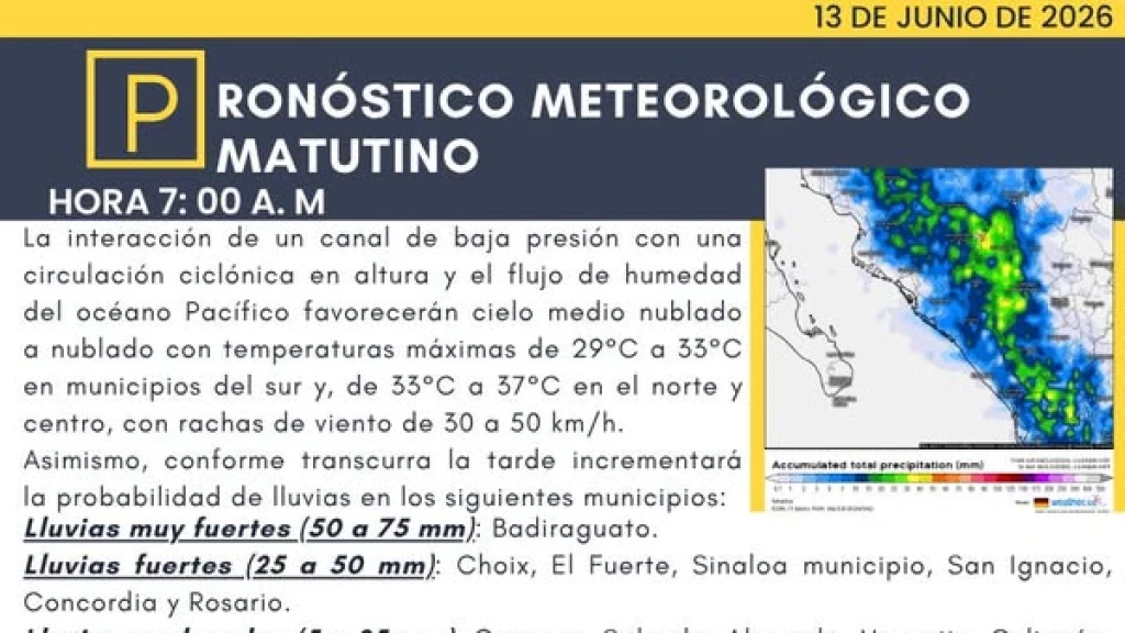 ¡Alerta en Sinaloa! Lluvias de hasta 75 mm y tormentas eléctricas hoy 13 de junio