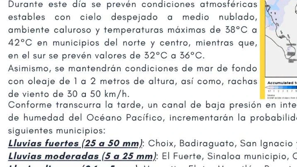 Sinaloa Enfrenta Jornada de Calor (40°C), Lluvias de hasta 50 mm y Mar de Fondo Este 28 de Junio