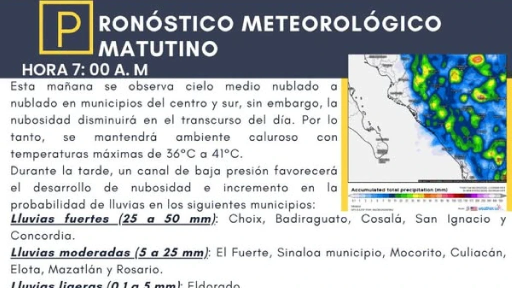 Sinaloa: Lluvias Vespertinas con Descargas Eléctricas en 13 Municipios y Temperaturas de hasta 41°C