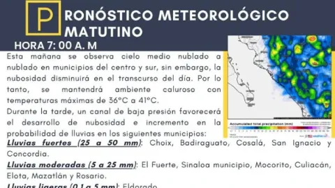 Sinaloa: Lluvias Vespertinas con Descargas Eléctricas en 13 Municipios y Temperaturas de hasta 41°C