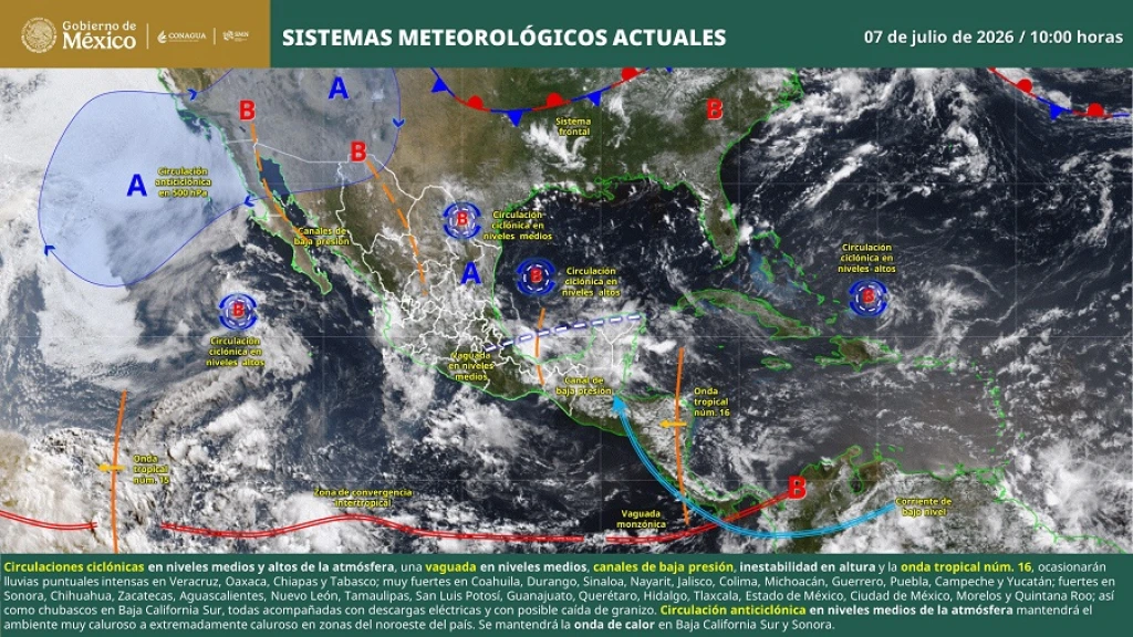 Pronóstico de Lluvias Fuertes a Ligeras en 18 Municipios y Temperaturas Elevadas Este 7 de Julio en Sinaloa