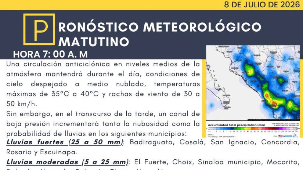 Lluvias Vespertinas en Sinaloa y Temperaturas Extremas Azotan 17 Municipios Este 8 de Julio