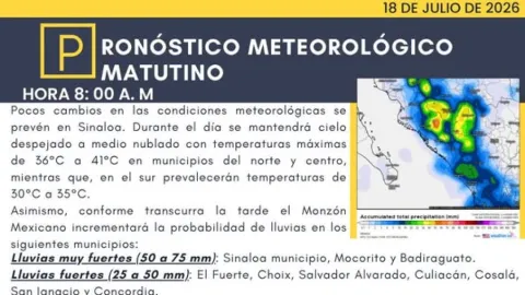 Sinaloa: Monzón Mexicano Generará Lluvias Torrenciales de hasta 150 mm, Temperaturas Superiores a 40°C y Oleaje Elevado este 18 de Julio