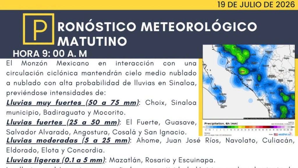 Sinaloa: Lluvias Intensas por Monzón Mexicano este 19 de Julio de 2026