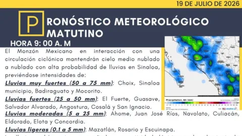 Sinaloa: Lluvias Intensas por Monzón Mexicano este 19 de Julio de 2026