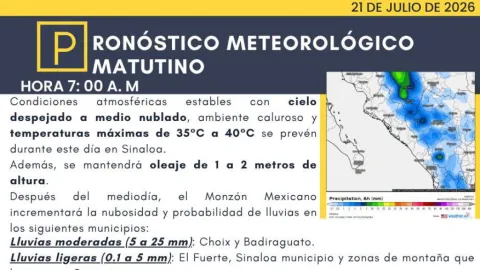 Sinaloa: Temperaturas de hasta 45°C y Lluvias por el Monzón Mexicano este 21 de Julio